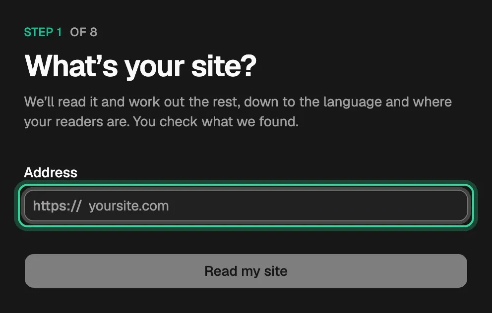 Step 1, What's your site?, with the Address box and Read my site
