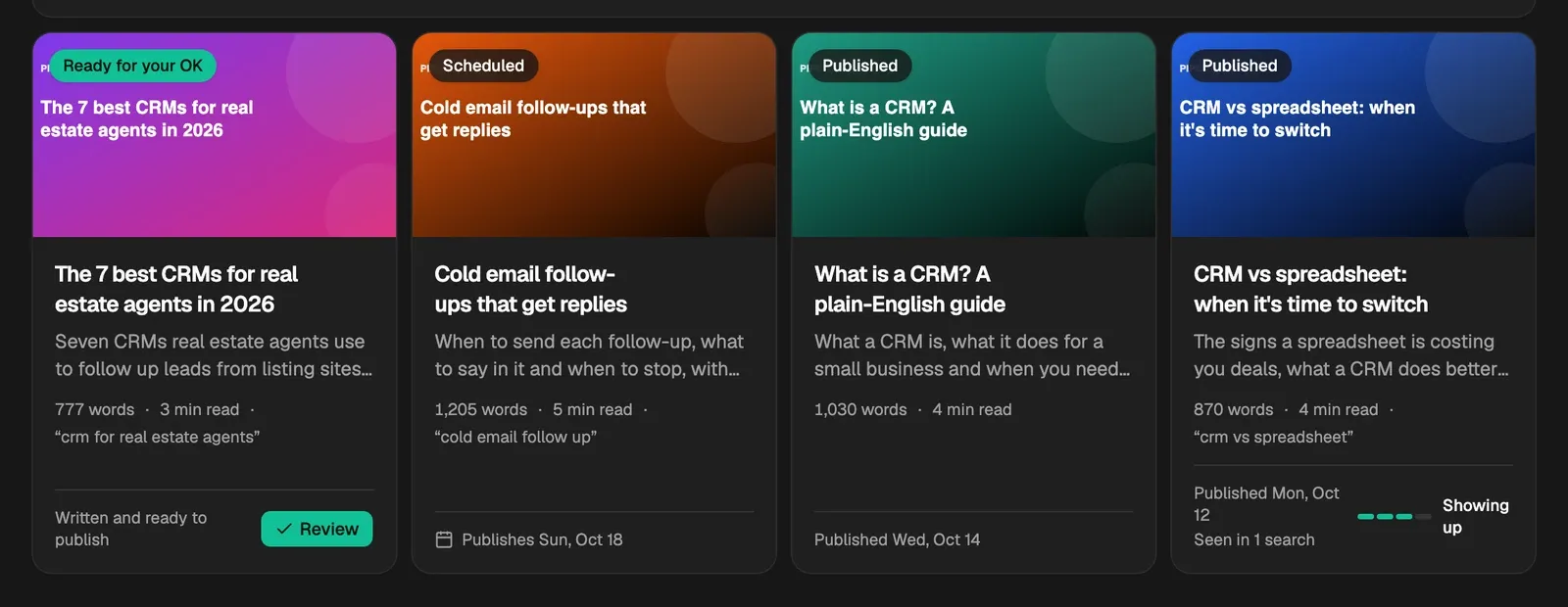 Articles on Home at each stage: one written and ready for your OK, one scheduled, and two published