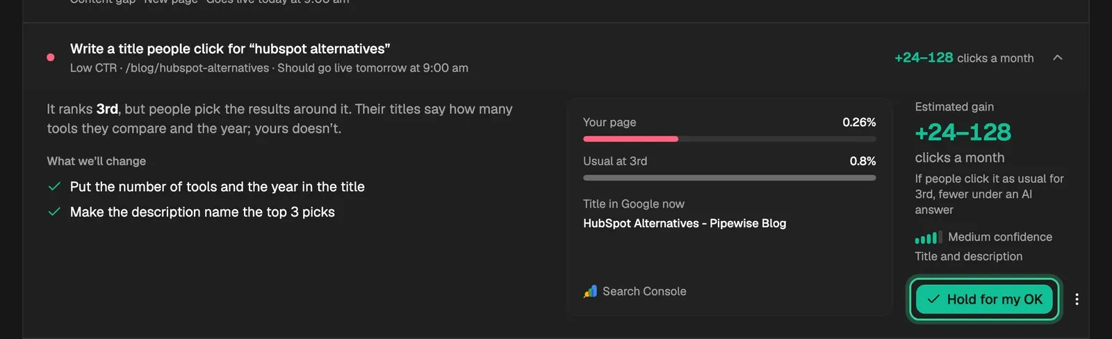 A scheduled card with Hold for my OK, and when it should go live