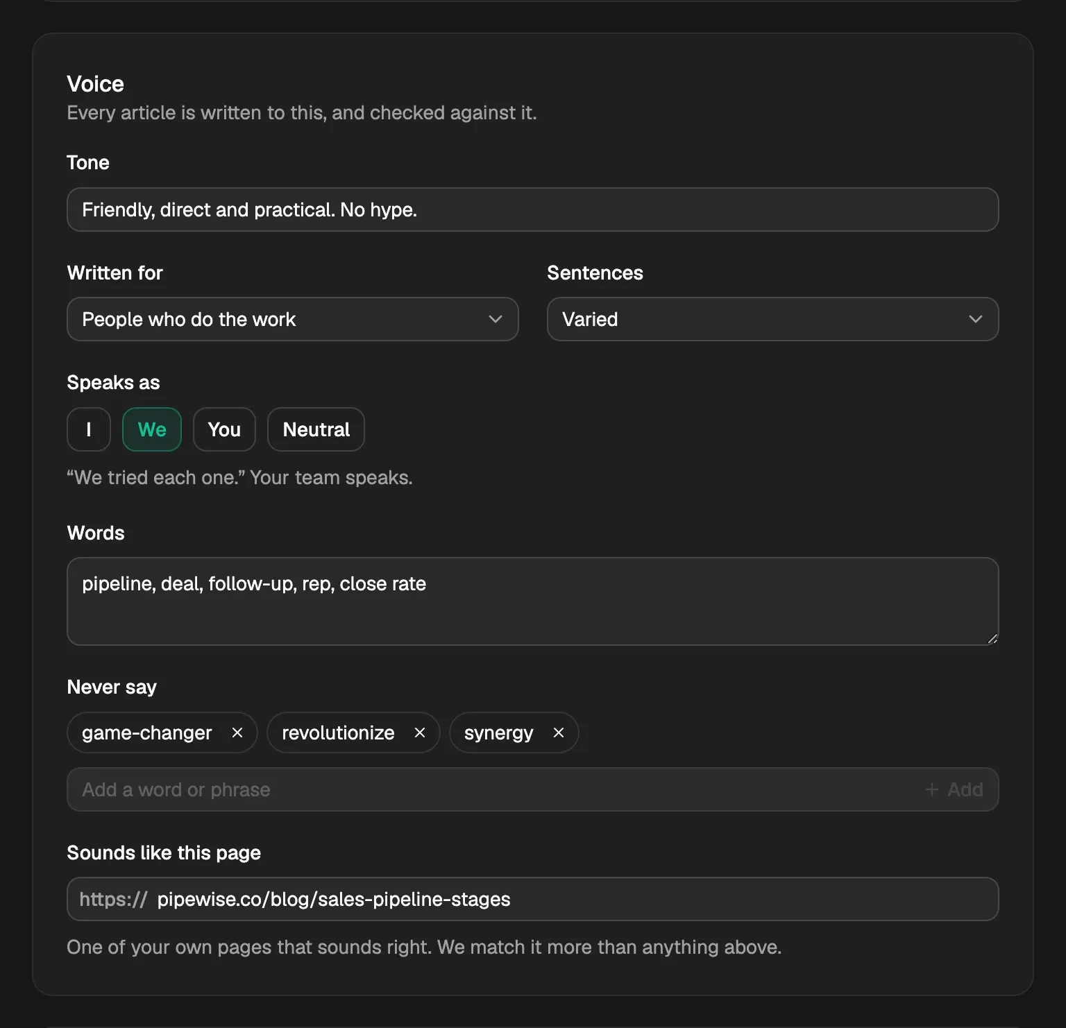 Settings › Brand › Voice: Tone, Written for, Sentences, Speaks as, Words, Never say and Sounds like this page