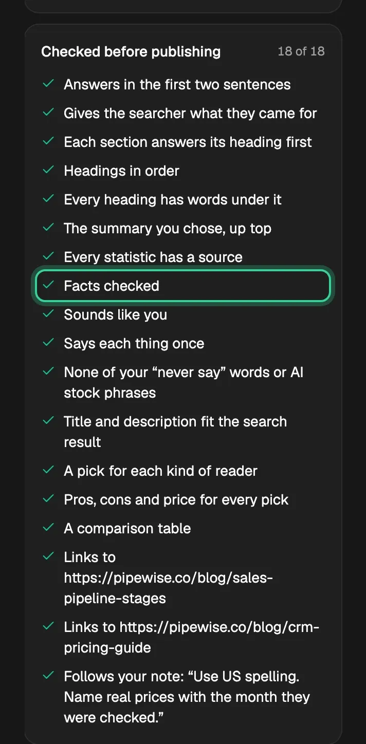 Checked before publishing on an article page, every check ticked, Facts checked among them