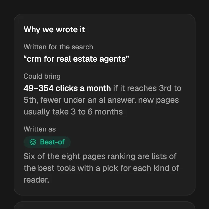 Why we wrote it: the search the article is for, the clicks it could bring as an estimate, and the type it's written as, with why