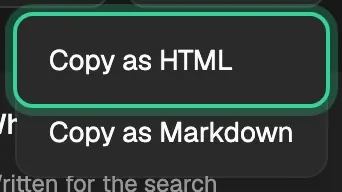 An article's Copy menu open, with Copy as HTML and Copy as Markdown
