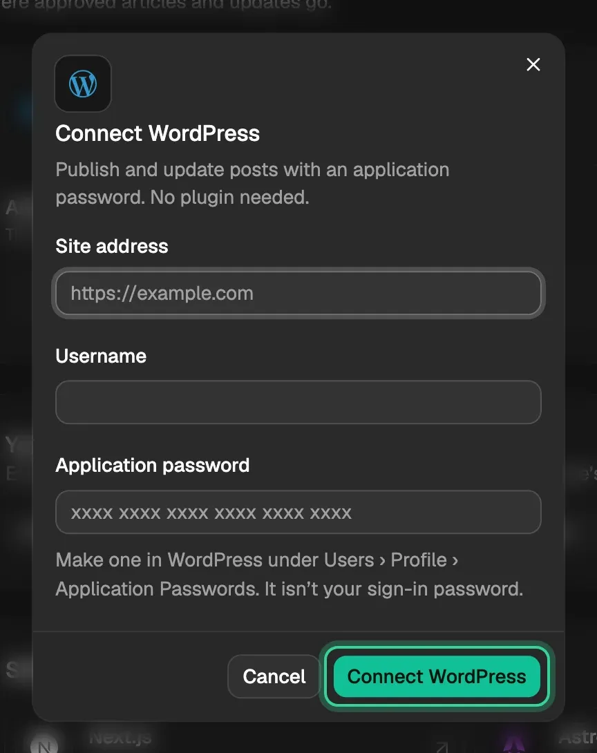 The Connect WordPress dialog: Site address, Username and Application password