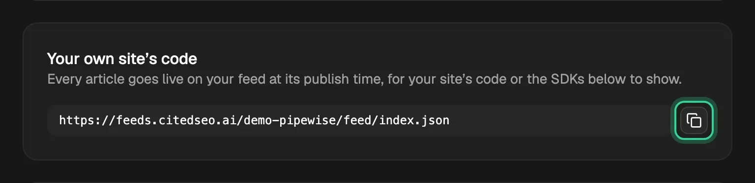 Your own site's code in Settings › Publishing: the feed address with its copy button