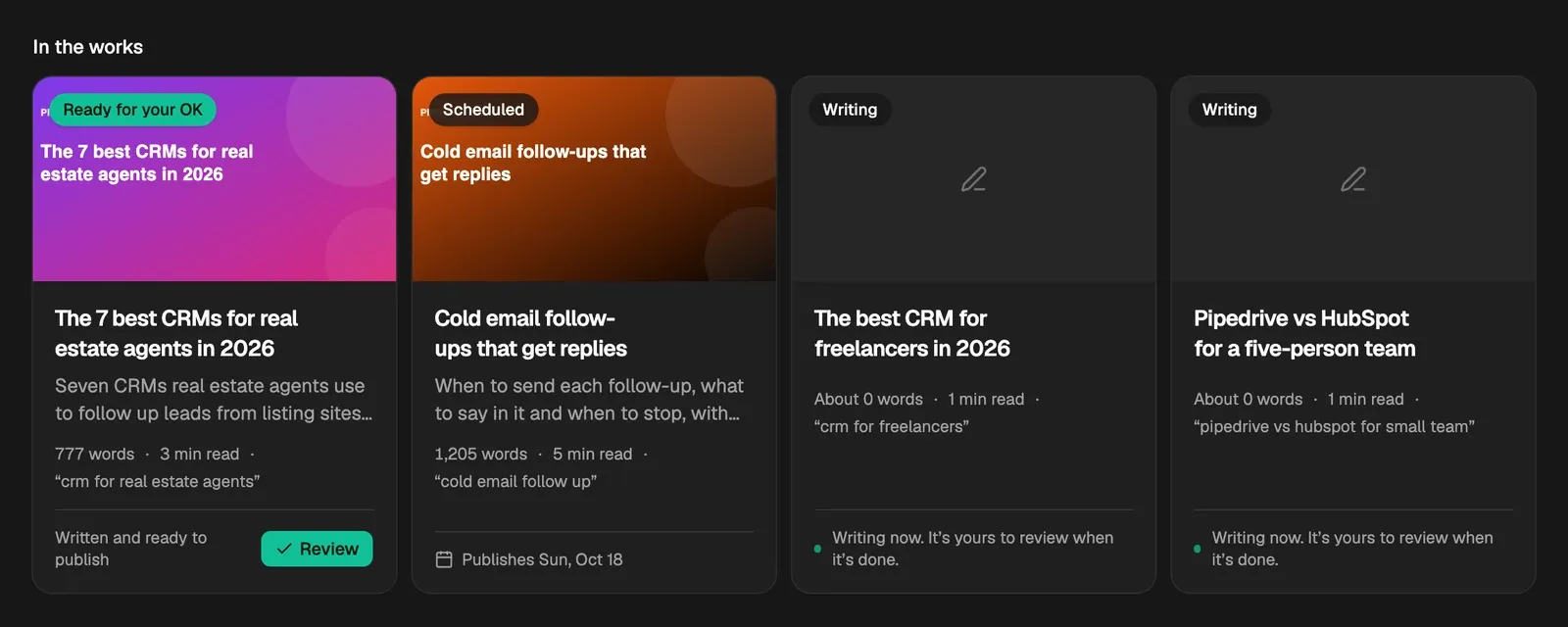 Articles in the works: Ready for your OK, Scheduled with the day it publishes, and two still Writing