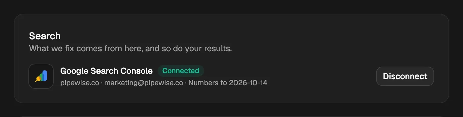 Settings › Search & analytics with Google Search Console connected: the site, the Google account and the last day of numbers read