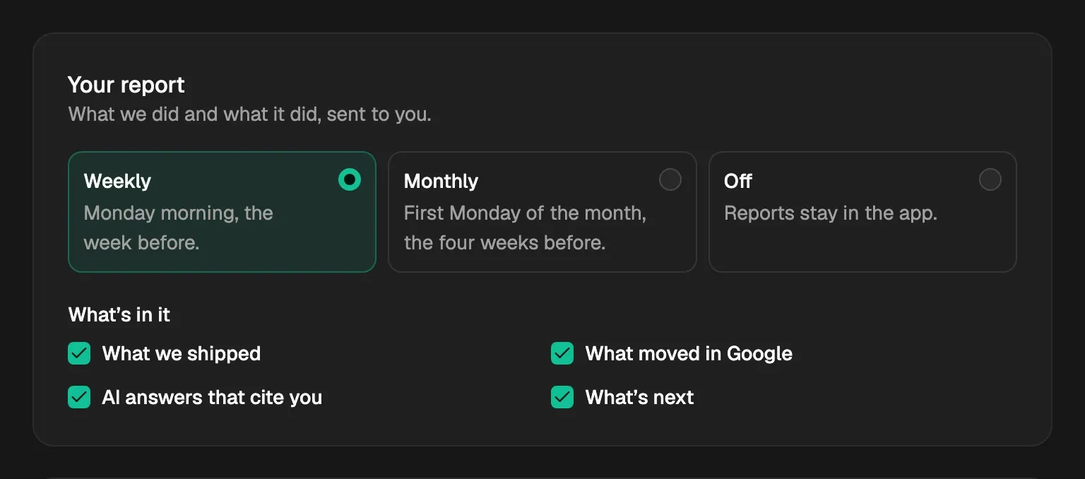 Your report: Weekly, Monthly or Off, and the four parts you can tick under What's in it