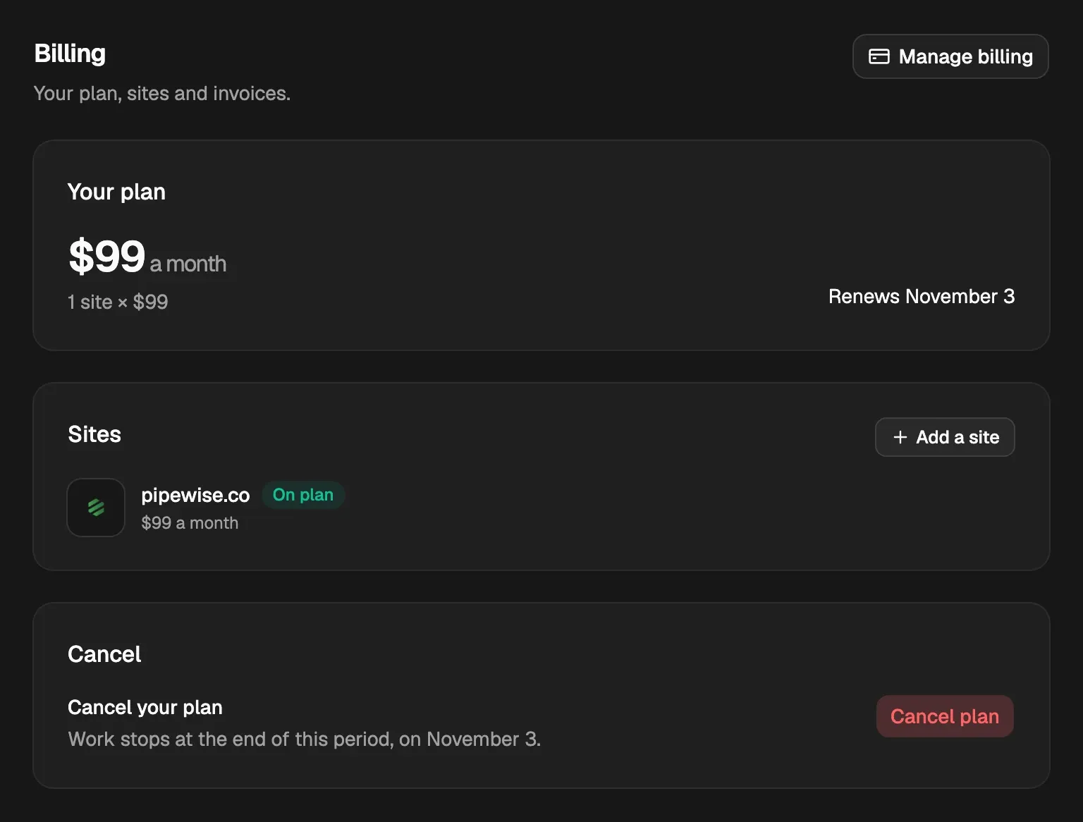 Settings › Billing: $99 a month for one site and when it renews, the site marked On plan, Add a site, Manage billing and Cancel