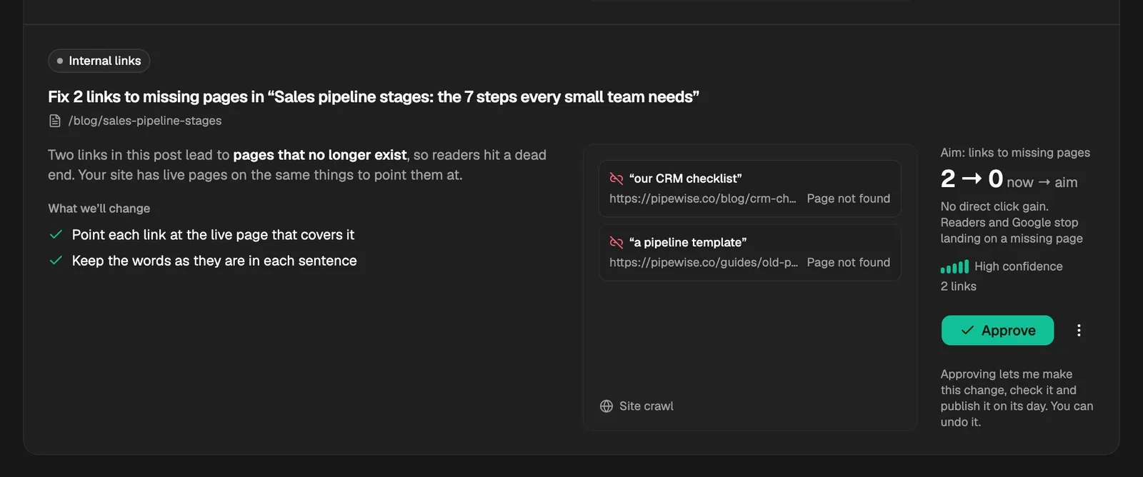 An Internal links card for two links to missing pages: each link's words and address, Page not found, and the aim of none