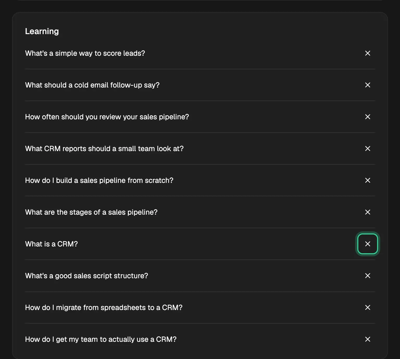 Your Learning questions in Settings › AI visibility, each with the × that stops asking it