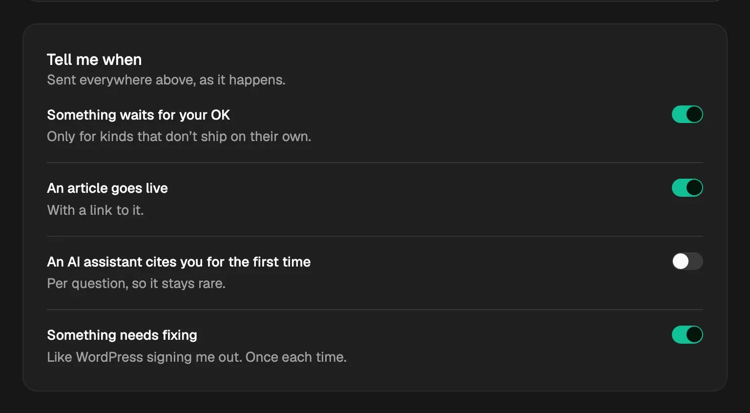 Tell me when in Settings › Notifications: the alerts you can turn on or off